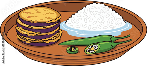 Delicious traditional rice chili and begun vaja food illustration on a plate