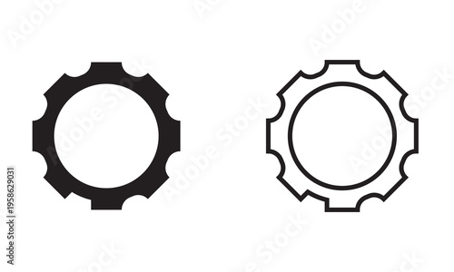 Settings Gear Icons Solid and Outline Set. Simple cogwheel icons shown in solid and outline styles, representing settings, engineering, configuration, and mechanical concepts on clean background.