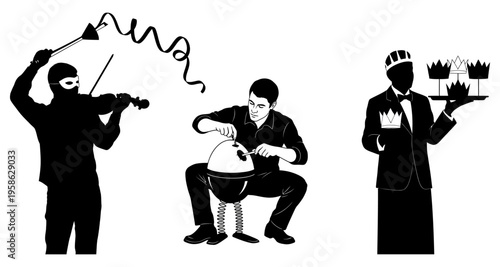 Musician Playing Violin Chef Preparing Food Waiter Serving DrinksSilhouette Vector Art