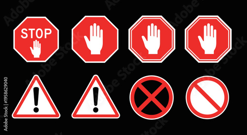 Compilation of various forbidding signs on a black backdrop, depicting warnings, restrictions, and prohibitions for usage in public spaces with a serious mood.