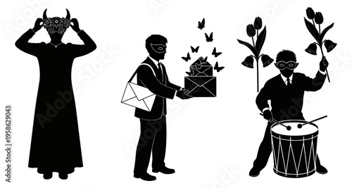 People in Masks Celebrating with Symbols Abstract Vector Silhouette Group