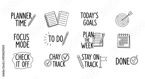 Set of minimalistic doodle stickers about planning and time management: planner time, today's goals, focus mode, check it off; concept of organization, productivity, and achievement