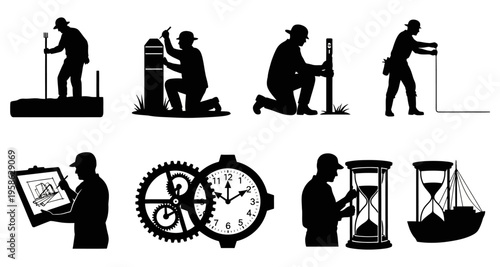 Surveyor Working with Equipment Drawing Plans Time Symbolism Nautical ThemeVector Silhouette Collection