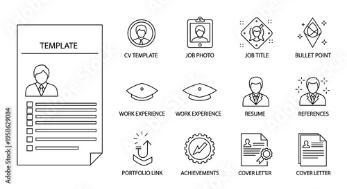 Simple line art icons representing elements of a resume or CV creation process, from templates and job photos to work experience, achievements, and cover letters for your application.