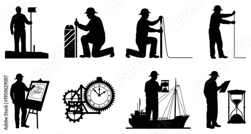 Surveyor Silhouette Icons: Precision Measurement Navigation and EngineeringTechnical Illustration