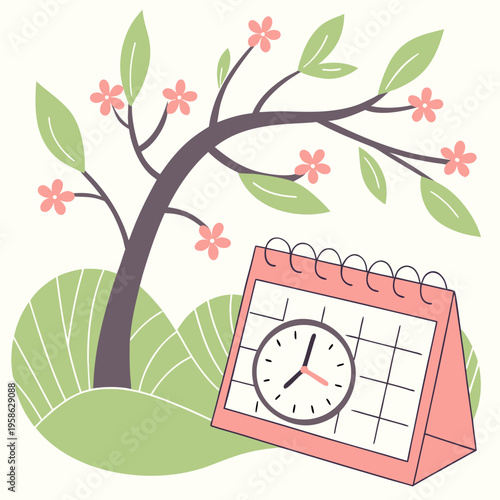 A colorful graphic announces daylight saving time in 2026 featuring a retro alarm clock a leaf and the date march 29th high-quality professional detailed modern