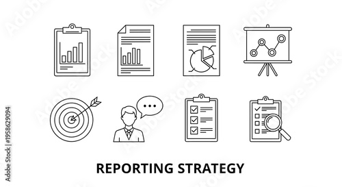 Reporting strategy presentation with icons on paper sheets, clipboard, board and target presenting business data and statistics in a clear and engaging way, promoting better understanding.