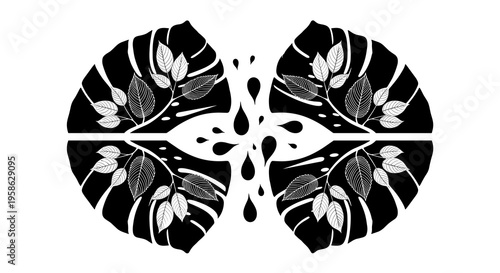 Abstract Monstera deliciosa leaves arranged symmetrically to create a unique organic pattern featuring plant veins and water droplets create an engaging, eye-catching design for modern decor.