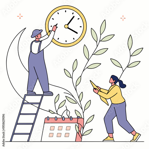 A colorful graphic announces daylight saving time in 2026 featuring a retro alarm clock a leaf and the date march 29th high-quality professional detailed modern