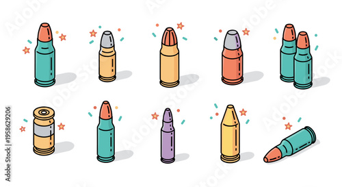 Colorful cartoon bullets lined up on a white surface suggesting weapon, army, war, military, and conflict with a simplistic, retro, and vibrant illustration style.