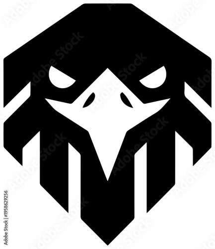 Sharp black vulture head logo with angular lines and menacing gaze on white background geometric design