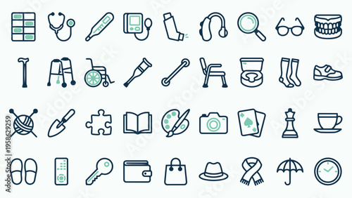 Comprehensive Elderly Care and Daily Living Activities Icon Set