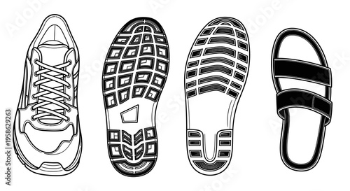 Unique collection of footwear illustrations with a runner, sole of a gym shoe, sole of an athletic shoe, and a sandal presented in a crisp, technical vector style.
