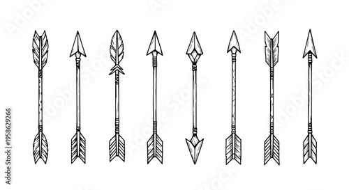 Hand-drawn vintage archery arrows isolated on white inject a sense of adventure and nostalgia; antique style emphasizes creative pursuits and the spirit of exploration and history.