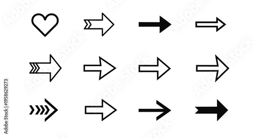 Set of simple black outline right-pointing arrows and a heart shape isolated on a white background offering a clean and versatile design element for various conceptual applications.