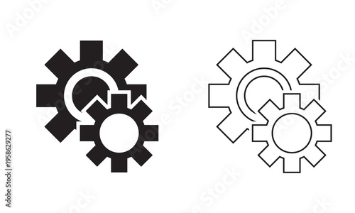 Settings Gear Icons Solid and Outline Set. Simple cogwheel icons shown in solid and outline styles, representing settings, engineering, configuration, and mechanical concepts on clean background.