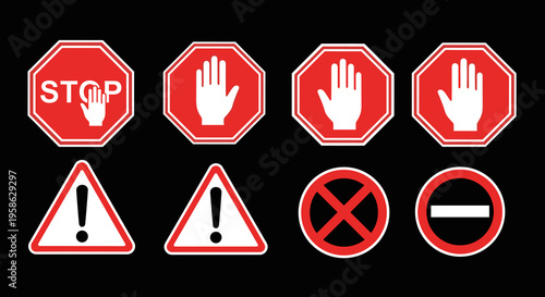 Collection of vibrant and attention-grabbing safety and prohibition signs against a solid black backdrop, symbolizing secure environment and strict adherence to regulations.