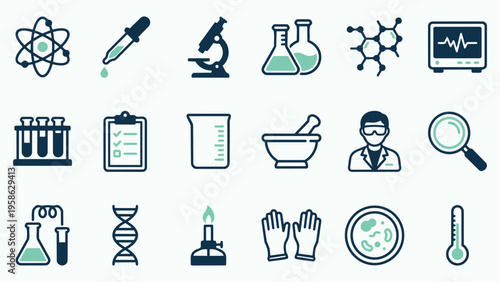 Science Laboratory and Research Equipment Icon Set in Two-Tone Line Art