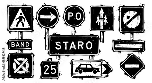 Digitally-created ink drawing of traffic signs symbolizing urban directions, safety regulations and informational street signage in a modern and graphic cartoon style.