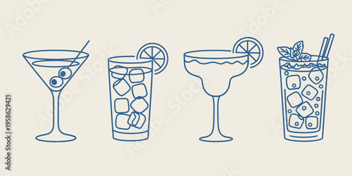 Cocktail drinks set in naive outline sketch style, vector illustration featuring hand drawn beverages, bar menu elements, glasses, alcoholic and non alcoholic drinks for restaurant design