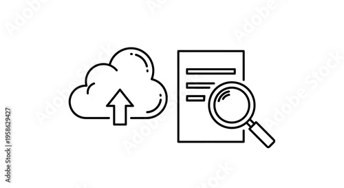 A cloud computing icon next to a document with a magnifying glass conveys a modern technological work environment emphasizing data analysis and the efficiency of digital file uploading and searching.