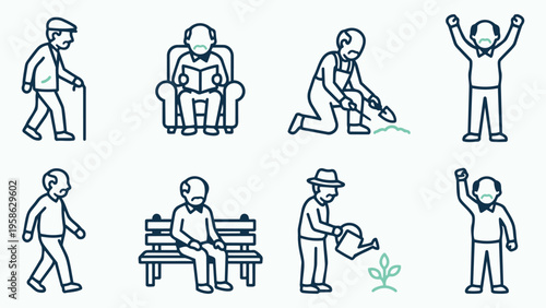 Elderly Man Lifestyle and Daily Activities Icon Set