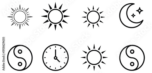 Line style icons of time morning sunrise, afternoon sun, evening sunset, midnight moon, day and night cycle, time-of-day icon, daylight hours ring