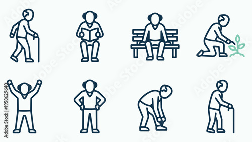 Senior Citizen Lifestyle and Activity Icons Featuring Elderly Man in Various Poses