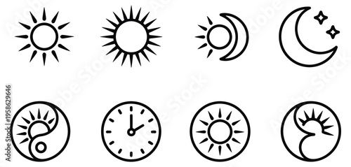 Line style icons of time morning sunrise, afternoon sun, evening sunset, midnight moon, day and night cycle, time-of-day icon, daylight hours ring, circadian rhythm, minimal line art