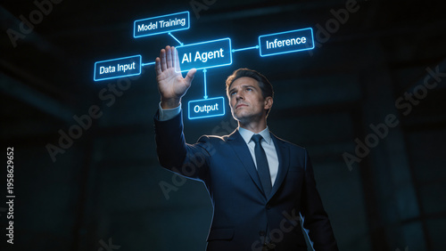 Focused Professional Analyzing Guardrails in AI Agent Workflow: Virtual Interface Showing Data Compliance, Model Training, and Task Execution for Safe Artificial Intelligence