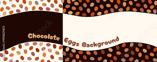Chocolate eggs vector banners set, white and dark chocolate background, simple package design