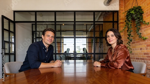 Confident Business Partners at Boardroom Table: Professional Businessman and Businesswoman in Modern Urban Office with Industrial Brick Wall and Natural Light