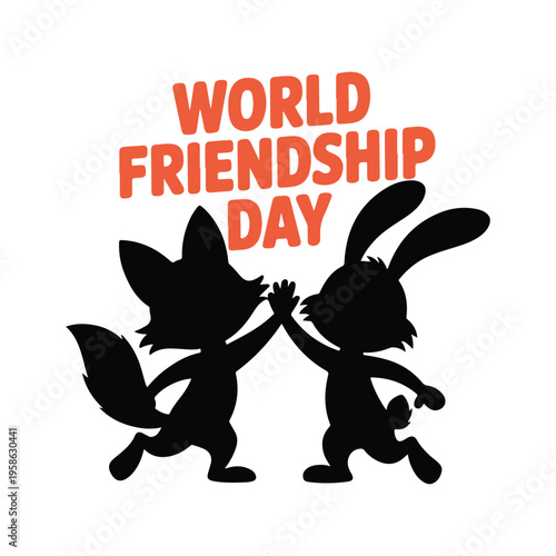 A fox and a rabbit share a joyful high-five to celebrate world friendship day.