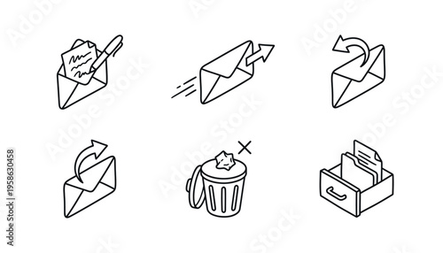 Set of six line art icons depicting various email and document management actions such as composing, sending, receiving, replying, deleting, and archiving.