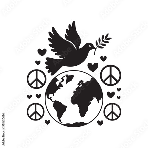 A dove carrying a branch flies over the earth, symbolizing peace and unity for all.