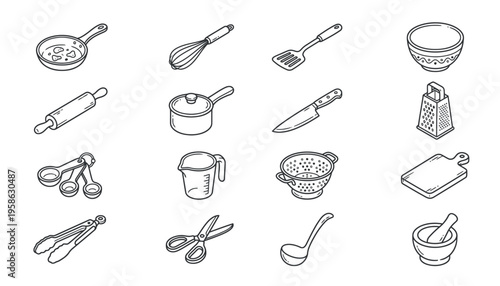 A collection of various kitchen utensils and cooking tools depicted as isometric line art icons on a white background.