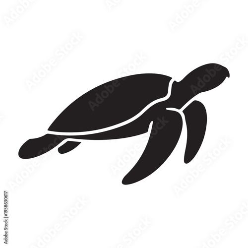 A simple black silhouette of a sea turtle swimming gracefully on a white background.