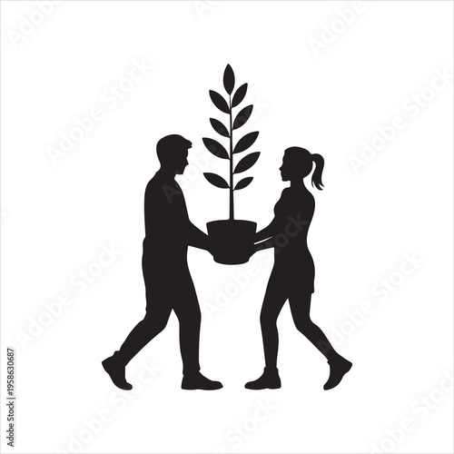 A man and a woman carry a potted plant together, symbolizing teamwork and growth.
