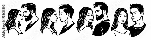 Set of romantic couple portraits in black line style showing diverse interactions and poses. Modern relationship avatar collection for dating apps, love concepts, social media, or lifestyle design.