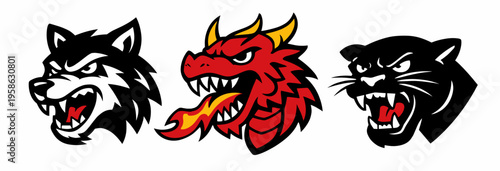 Set of fierce animal mascot heads featuring wolf, dragon, and panther in bold aggressive style. Dynamic vector collection for esports logos, gaming teams, emblems, and sticker designs.