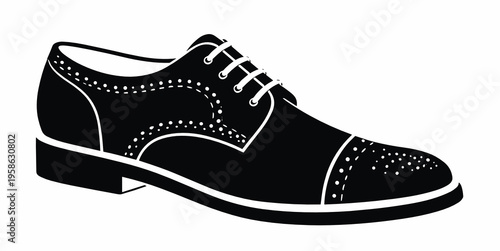 Black wingtip oxford shoe silhouette with brogue perforation detail, perfect for mens fashion branding, formal style graphics, wedding wear, and classic footwear collections.