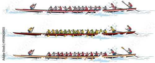 Traditional dragon boat race with team of rowers on water vector set.