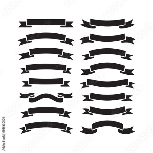 A collection of black ribbon banners with various shapes and styles on a white background