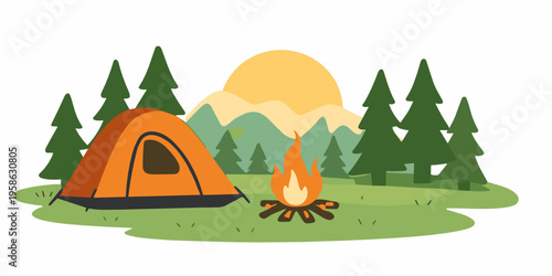 Flat vector sunrise camping scene with orange tent, campfire, pine forest and distant mountains. Peaceful outdoor retreat concept with soft morning light and warm colors.