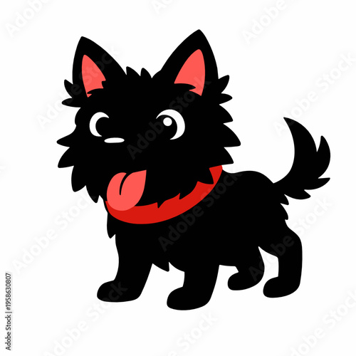 Cute cartoon black terrier puppy with red collar and fluffy fur. Cheerful pet character vector with bright eyes, tongue out and playful friendly attitude.