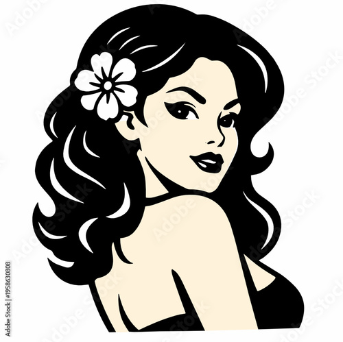 Graceful woman portrait with flowing dark hair and a flower tucked above her ear. Sophisticated beauty illustration conveying elegance, romance, femininity and timeless glamour.
