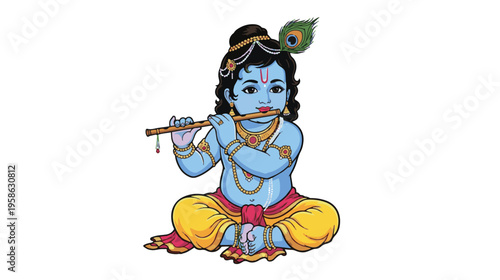 A digital illustration of baby krishna sitting down and playing a flute against a white background