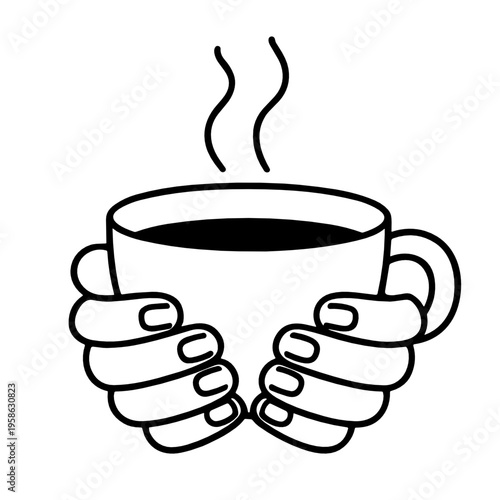 Minimal black line vector of two hands holding a steaming cup. Cozy warmth concept for coffee, tea, comfort, winter mood, relaxation and cafe branding.