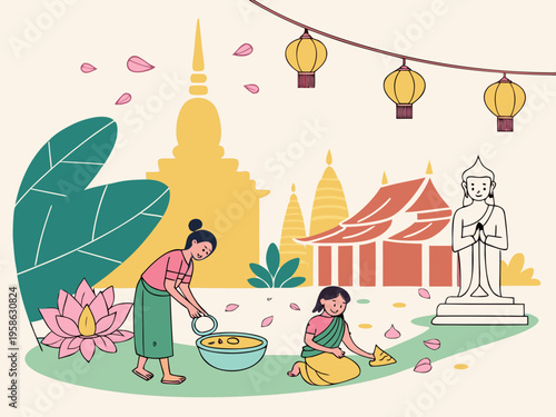  Thai Buddhist Festival Vector Illustration.