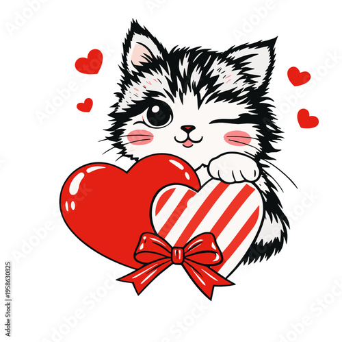 Fluffy black and white kitten hugging a striped bow heart with rosy cheeks and tiny hearts. Romantic vector clipart for Valentine cards, gifts, and sweet pet designs.